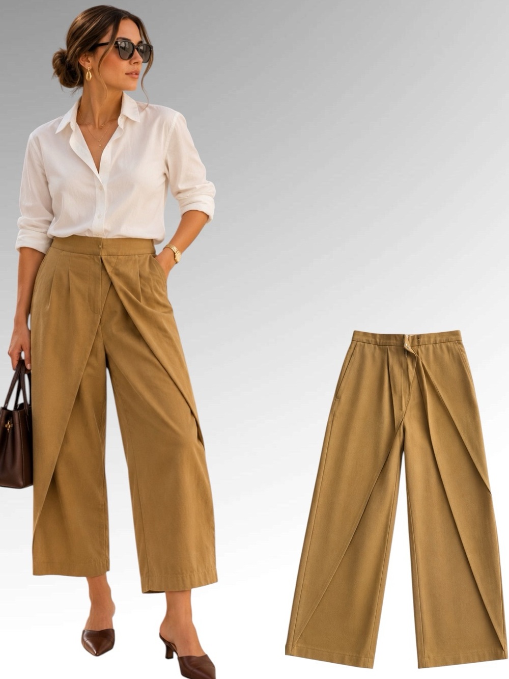 NWT Zara Khaki Wrap Front Wide Leg Cropped Pants Size M 28